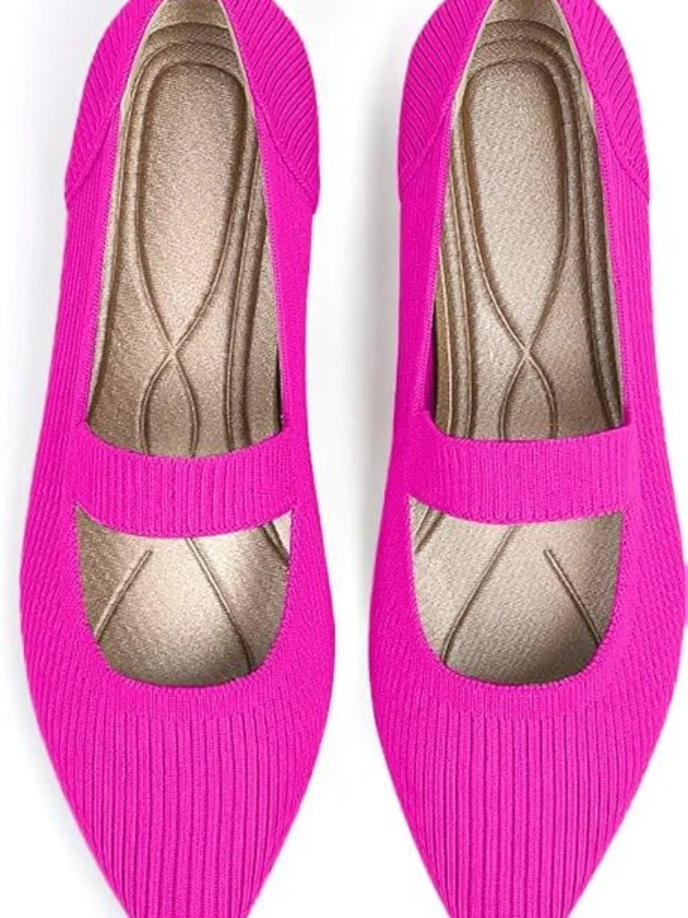 Women's Pink Knit Mary Jane Flats Pointed Toe Pull On Comfortable Flats Shoes